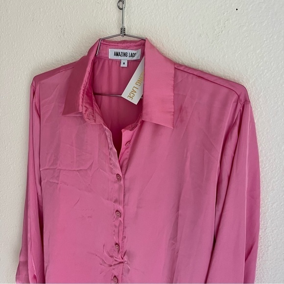 NWT Amazing Lace Pink Satin Shirt Dress - Picture 8 of 10